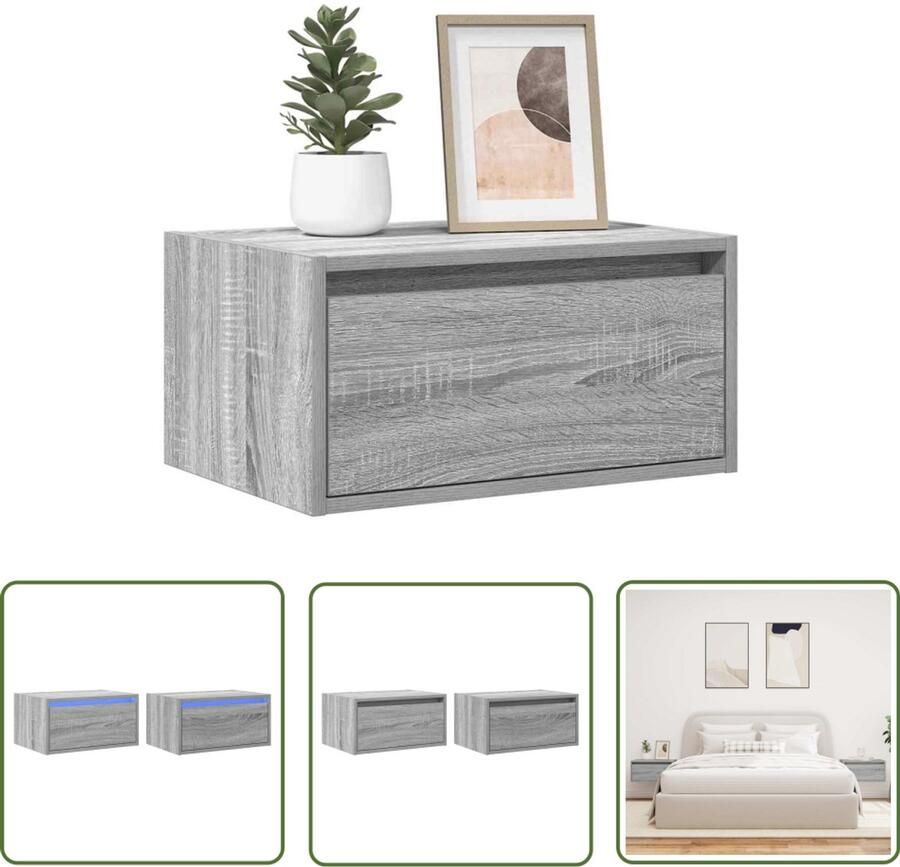 The Living Store Nachtkastjes met LED's 2 st wandgemonteerd grijs sonoma eiken Nachtkast Led Verlichting Wandlamp Meubilair Slaapkamerdecoratie