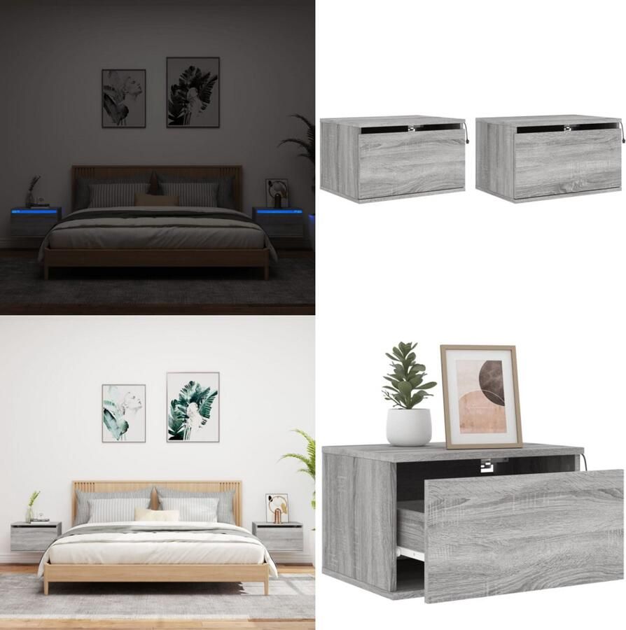 VidaXL Nachtkastjes met LED's 2 st wandgemonteerd grijs sonoma eiken Wandgemonteerd Nachtkastje Wandgemonteerde Nachtkastjes Nachtkastje Zwevend Nachtkastje