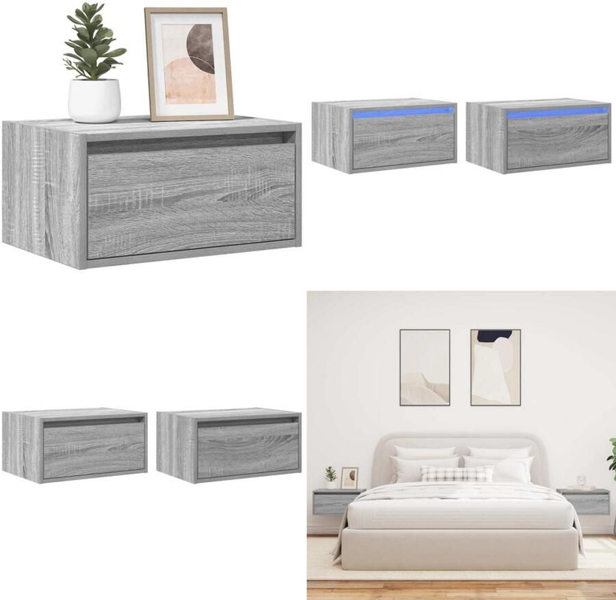 VidaXL Nachtkastjes met LED's 2 st wandgemonteerd grijs sonoma eiken Wandgemonteerde Nachtkastje Wandgemonteerde Nachtkastjes Nachtkastje Nachtkastjes