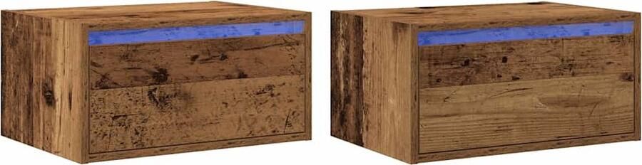 VidaXL Nachtkastjes met LED's 2 st wandgemonteerd oud houtkleurig
