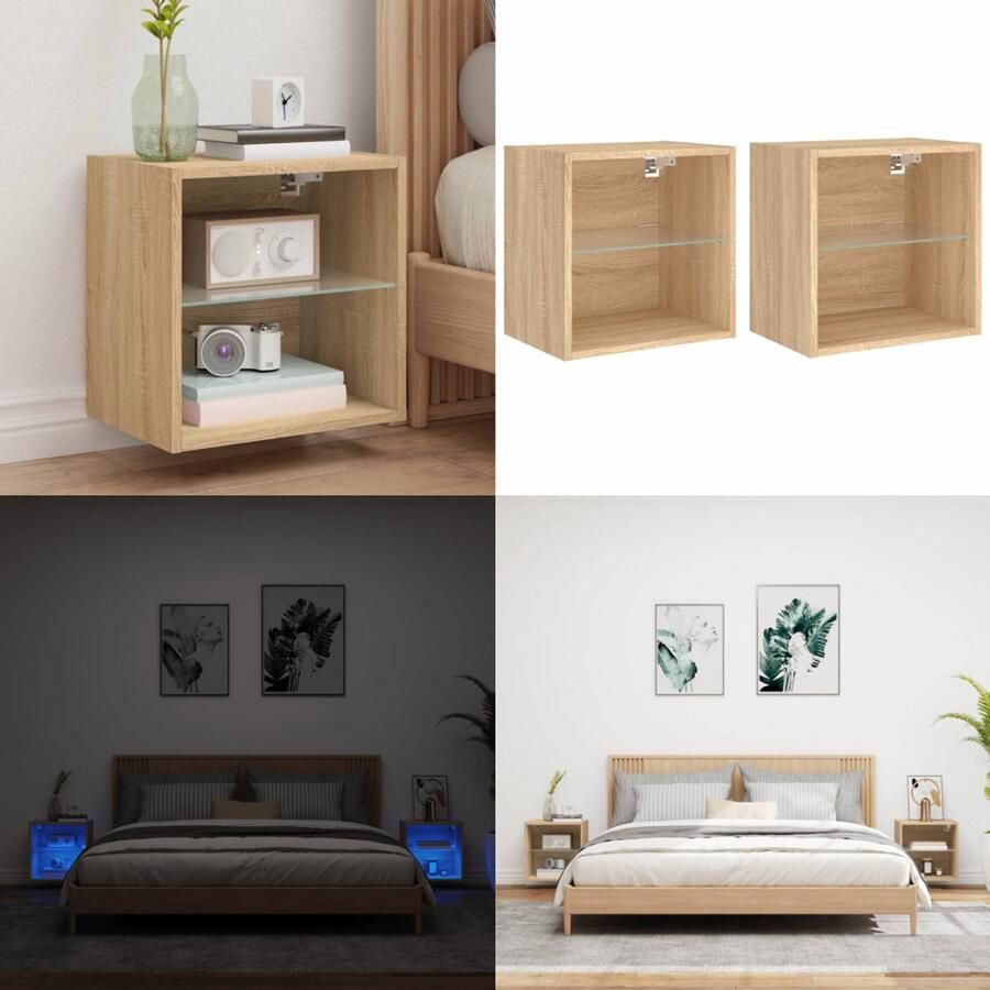 The Living Store Nachtkastjes met LED's 2 st wandgemonteerd sonoma eikenkleurig Nachtkastje Led Lamp Bedroom Furniture Slaapkamerdecoratie Sonoma Eiken - Foto 2