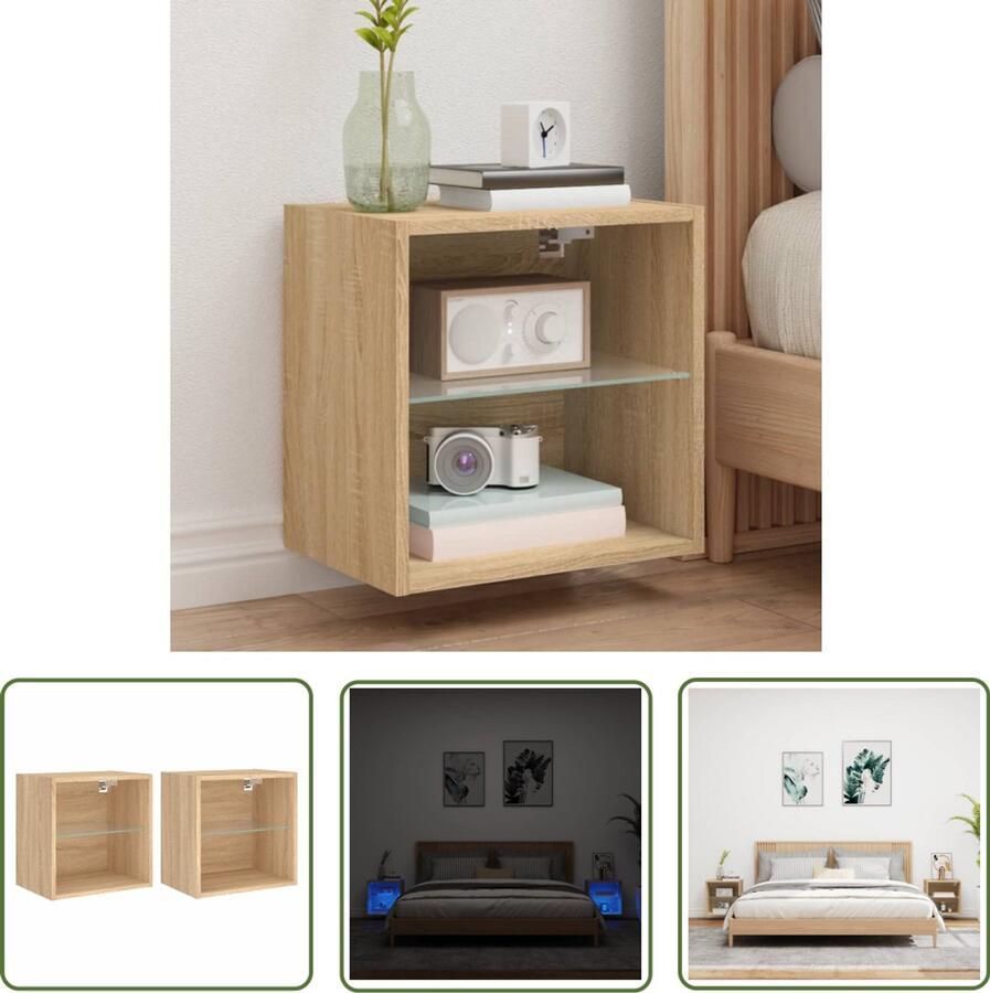 The Living Store Nachtkastjes met LED's 2 st wandgemonteerd sonoma eikenkleurig Nachtkastje Led Lamp Bedroom Furniture Slaapkamerdecoratie Sonoma Eiken - Foto 3