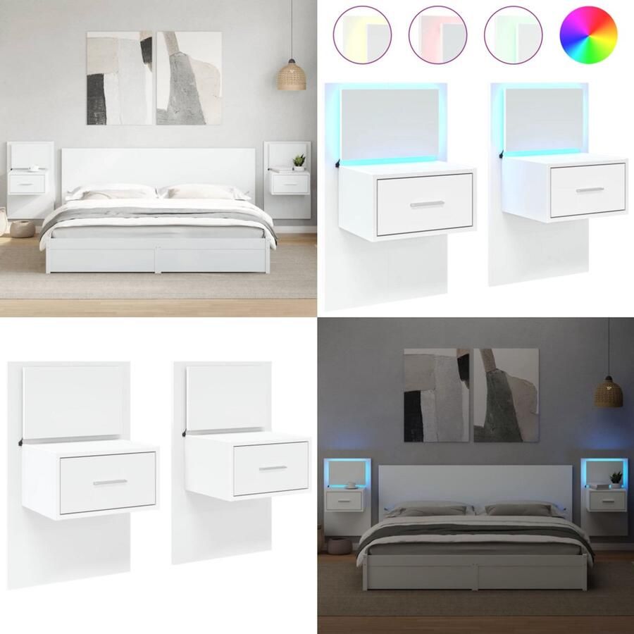 VidaXL Nachtkastjes met LED's 2 st wandgemonteerd wit Wandnachtkastje Wandnachtkastjes Nachtkastje Bijzettafel