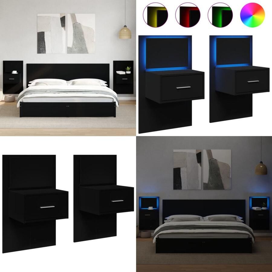 VidaXL Nachtkastjes met LED's 2 st wandgemonteerd zwart Wandnachtkastje Wandnachtkastjes Nachtkastje Bijzettafel