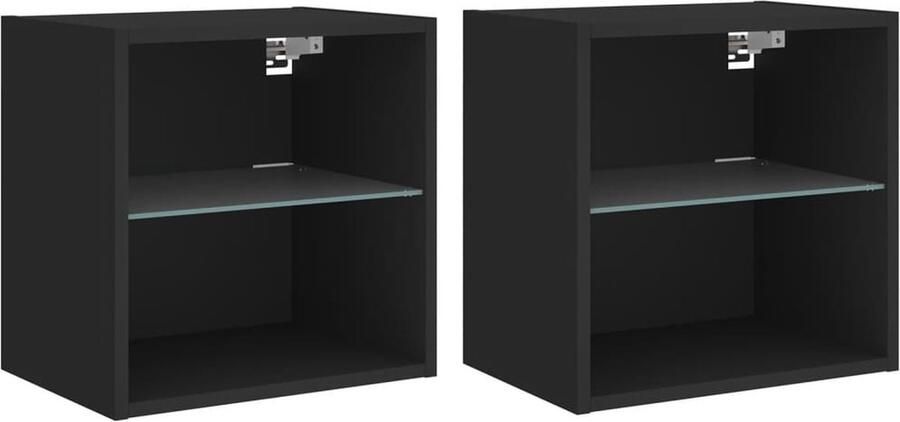 VidaXL Nachtkastjes met LED's 2 stuks Zwart Nachtkastje Led Lamp Houten Meubilair Zwart Meubel Kamerdecoratie