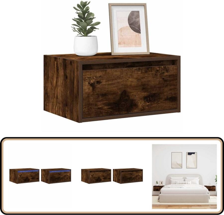 VidaXL Nachtkastjes met LED's Set van 2 Gerookt Eiken Nachtaandkaste Wandmontage Led Verlichting Slaapkamer Meubilair Rokerd Eiken