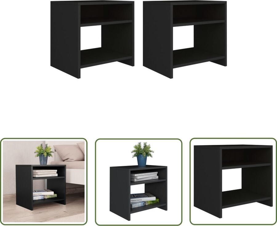 The Living Store nachtkastjes set van 2 bewerkt hout 40x30x40 cm zwart Nachtkast Nachtkastjes Meubilair Houten Meubels Slaapkamers - Foto 2