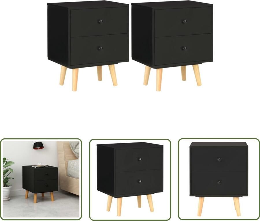 The Living Store Nachtkastjes 2 st 40x30x50 cm massief grenenhout zwart Nachtkast Nachtkastjes Scandinavisch Design Houten Meubilair Slaapkamers - Foto 2
