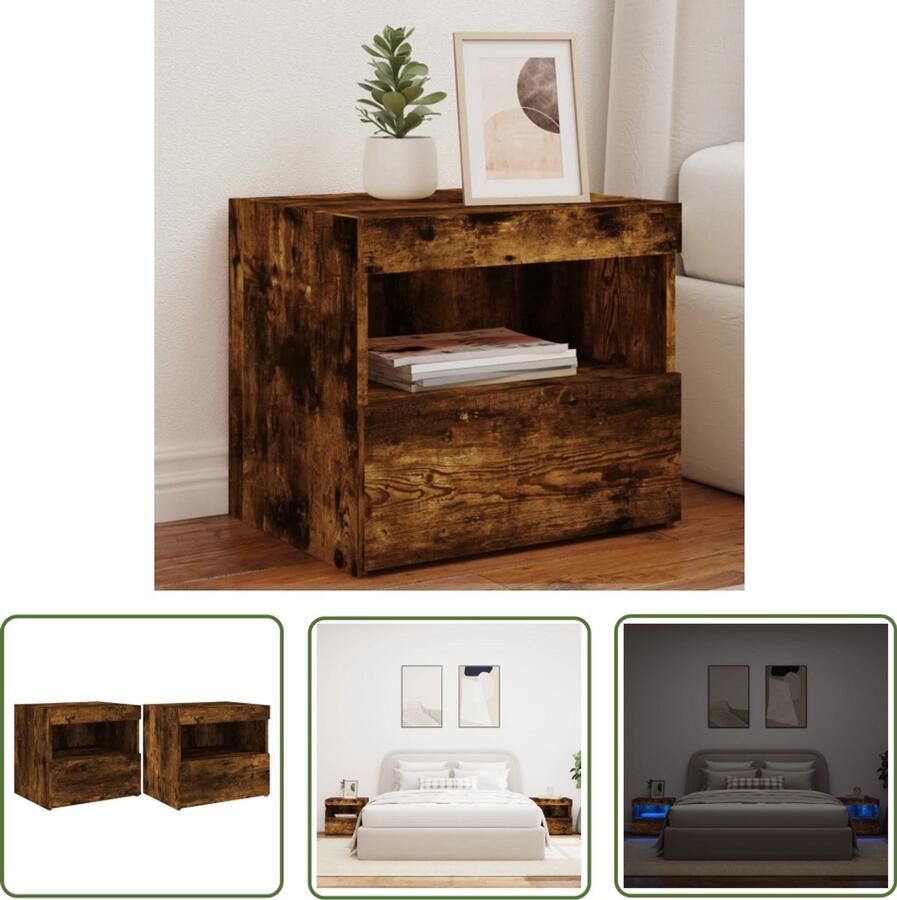 VidaXL Nachtkastjes Nachtkast Nachtkastjes met LED-verlichting 2 st 50x40x45 cm gerookt eiken Led Verlichting Houten Kast Bruine Kast