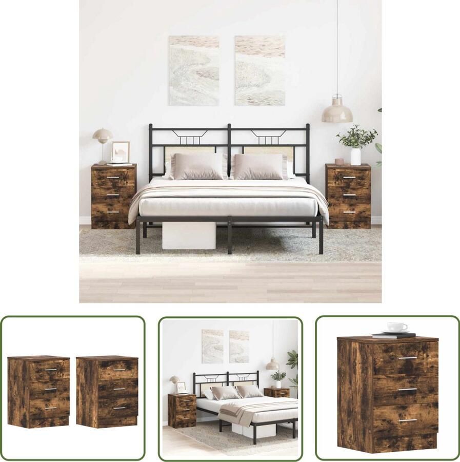 The Living Store Nachtkastjes 2 st 38x35x56 cm bewerkt hout gerookt eikenkleurig Nachtkaste Nachtkastjes Houten Nachtkast Bruine Nachtkast Opbergkasten - Foto 2