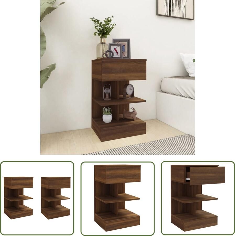 The Living Store Nachtkastjes 2 st 40x35x65 cm bewerkt hout bruin eikenkleur Nachtkaste Nachtkastjes Bruine Meubels Houtmeubel Slaapkamers - Foto 2