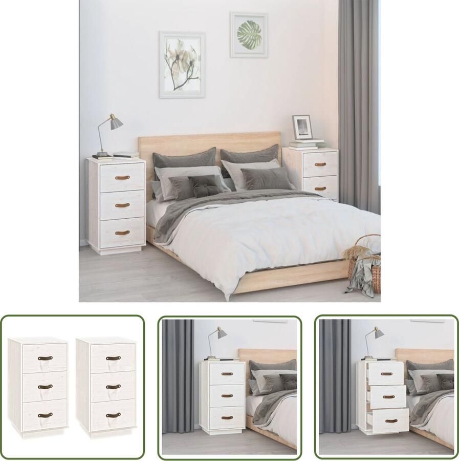 The Living Store Nachtkastjes 2 st 40x40x75 cm massief grenenhout wit Nachtkaste Nachtkastjes Massief Hout Grenenhout Witte Meubel - Foto 2