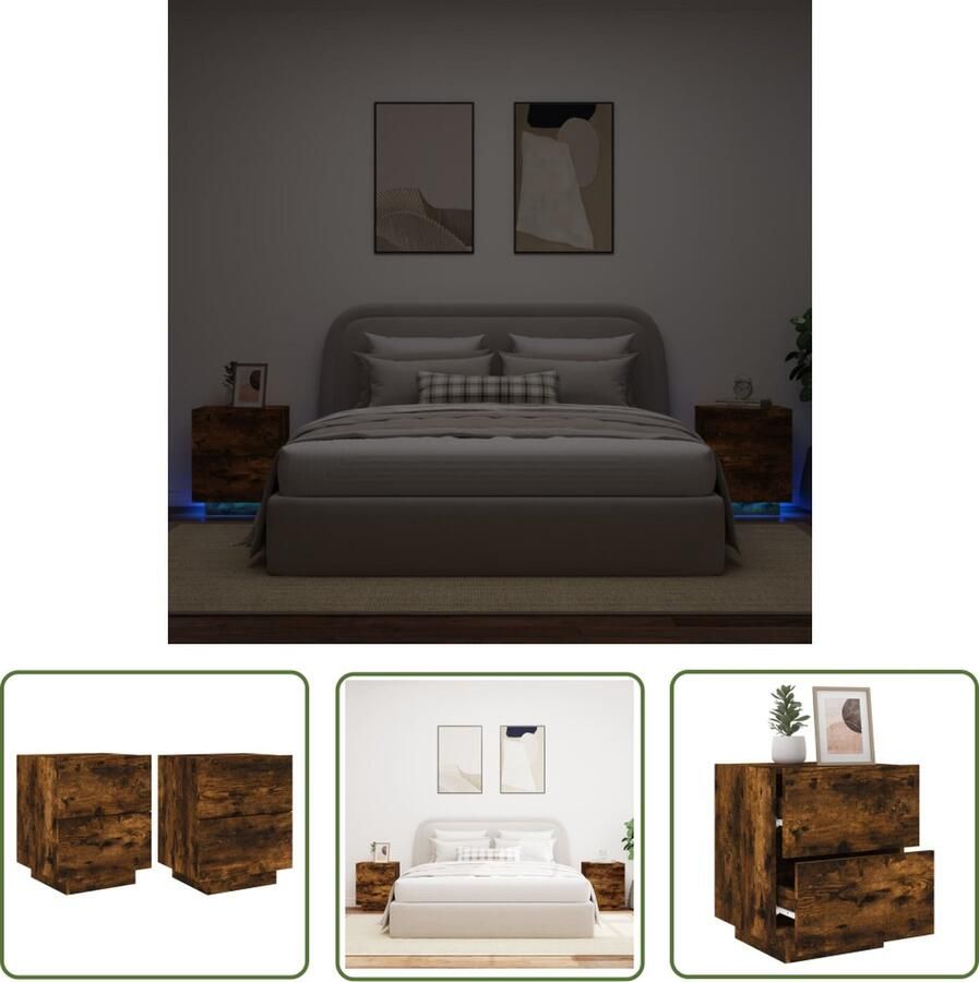 The Living Store Nachtkastjes met LED 2 st bewerkt hout gerookt eikenkleurig Nachtkaste Nachtkastjes Houten Nacht Kast Bruine Nachtkast Led Lampen