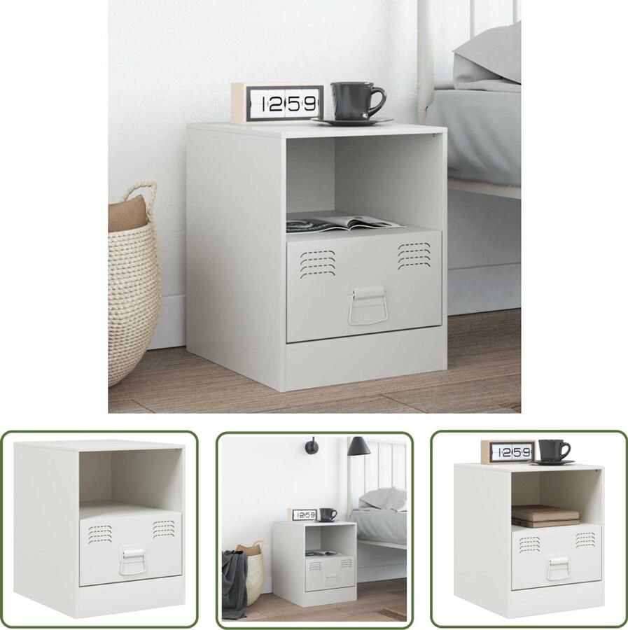 The Living Store Nachtkastje 34 5x39x44 cm staal wit Nachtkastje Nachtkastjes Slaapkamersdecoratie Staalmeubilair Witmeubilair