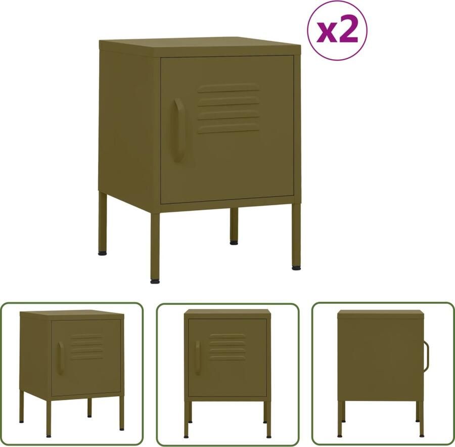 The Living Store Nachtkastjes 2 st 35x35x51 cm staal olijfgroen Nachtkastje Nachtkastjes Nachttafel Nachttafels Staal - Foto 2