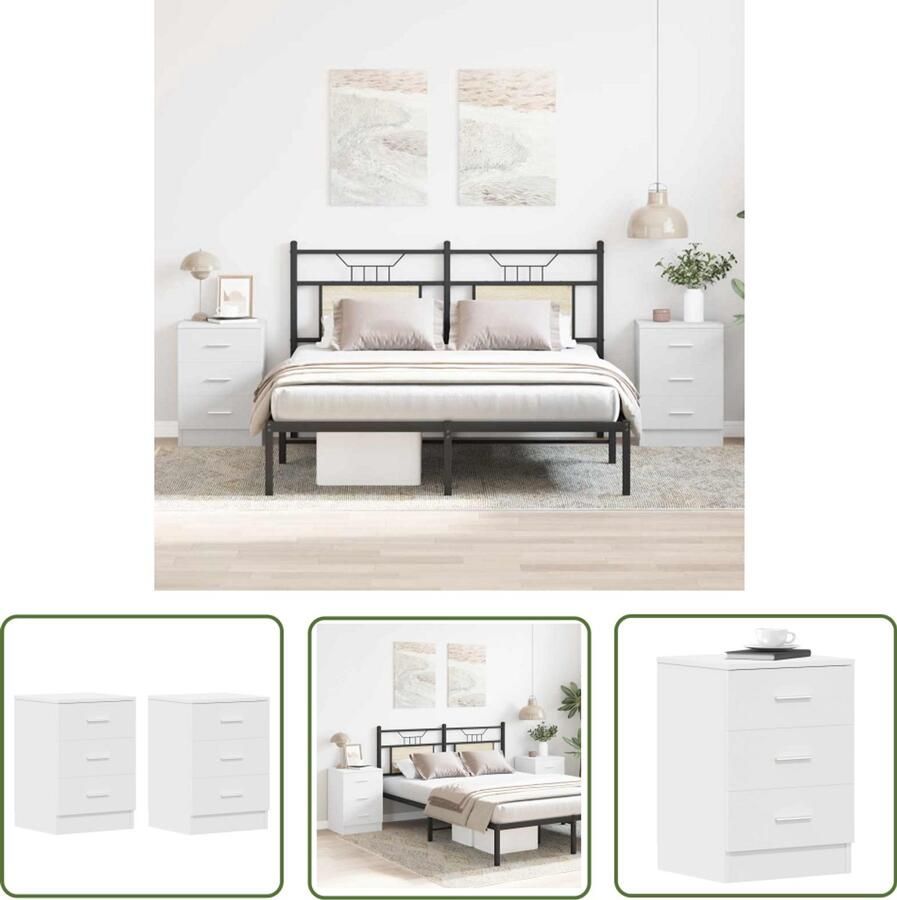 The Living Store Nachtkastjes Nachtkastje Wit 38 x 35 x 56 cm Met 3 lades Nachtkastje Nachtkastjes Bedkant Meubilair Kamermeubilair