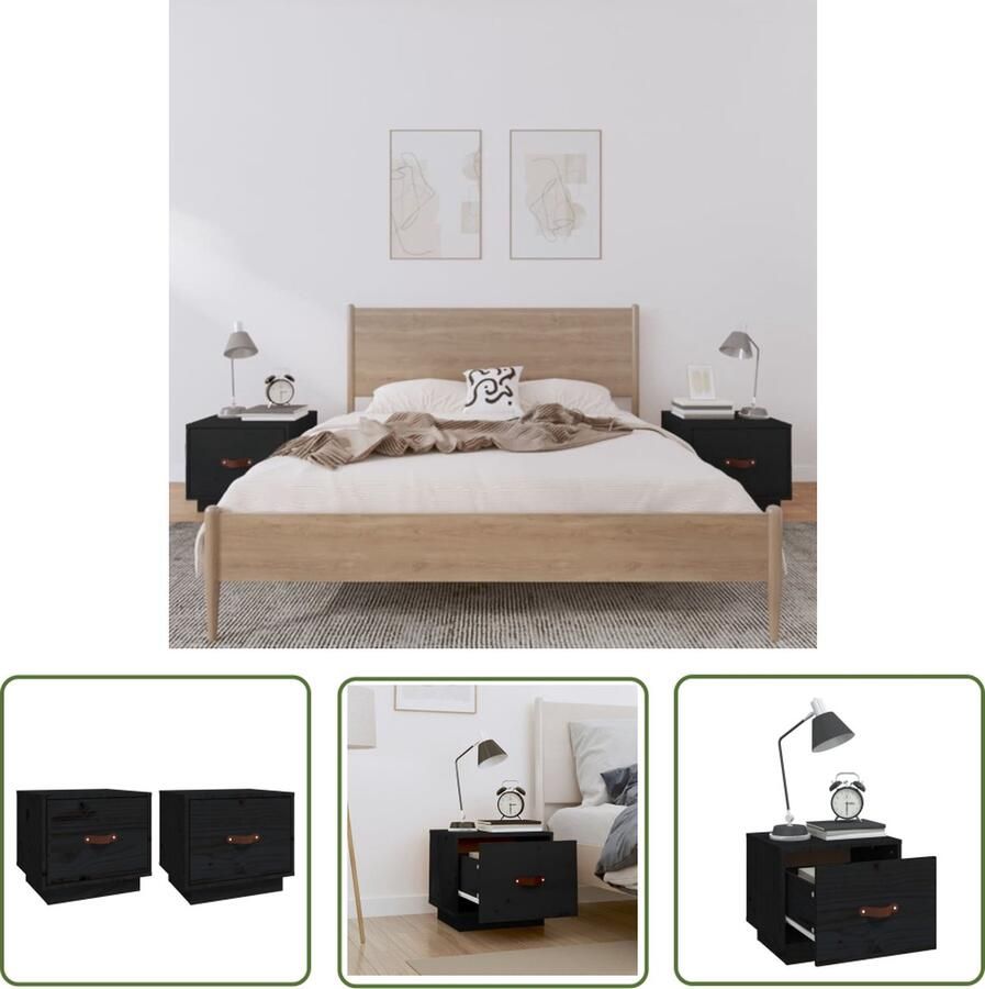 The Living Store Nachtkastje Houten 40 x 34 x 35 cm Massief Grenen Zwart Nachtkastje Nachtkastjes Houten Nachtkastje Salontafel Woonkamermeubel - Foto 2