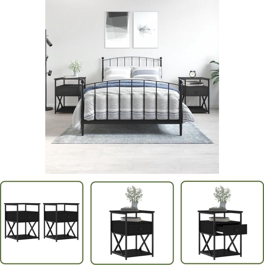 The Living Store Nachtkastjes 2 st 40x42x55 cm bewerkt hout zwart Nachtkastje Nachtkastjes Slaapkamerinrichting Houten Nachtkastje Zwarte Nachtkastjes - Foto 2