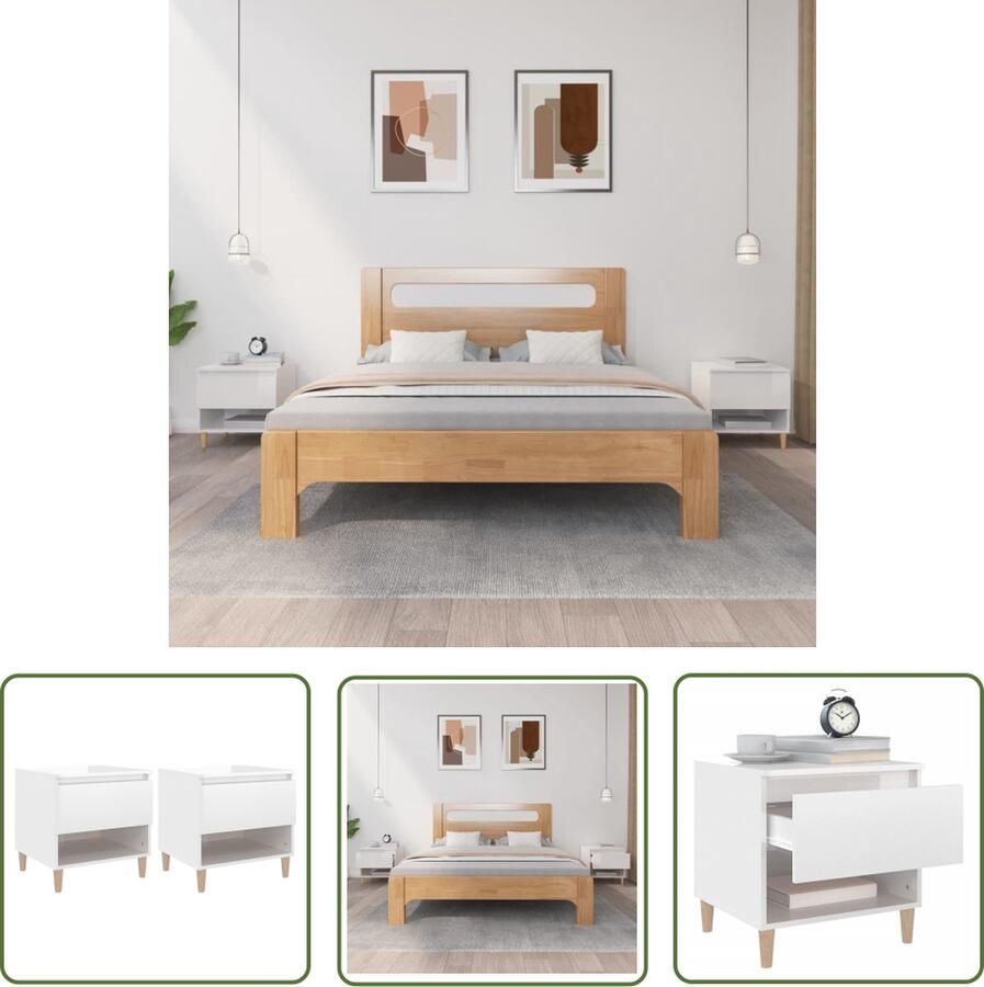 The Living Store Nachtkastje Hoogglans wit 50 x 46 x 50 cm Bewerkt hout en massief eucalyptushout Nachtkastje Nachtkastjes Bijzettafel Salontafel Woonkamerinrichting - Foto 2