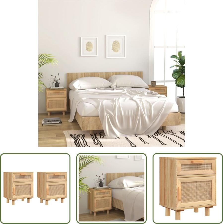 The Living Store Nachtkastje Bruin 40 x 30 x 50 cm Opbergruimte en Rattan Ontwerp Nachtkastje Nachtkastjes Scandinavië Rustic Vintage - Foto 2