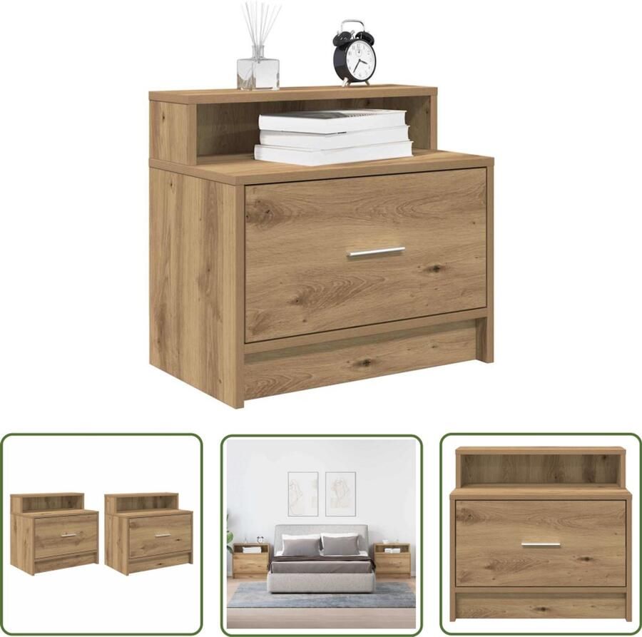 The Living Store Nachtkastjes 2 st met lade 51x31x47 cm artisanaal eikenkleurig Nachtkastje Nachtkastjes Salontafel Houten Kast Eiken Kleurtje