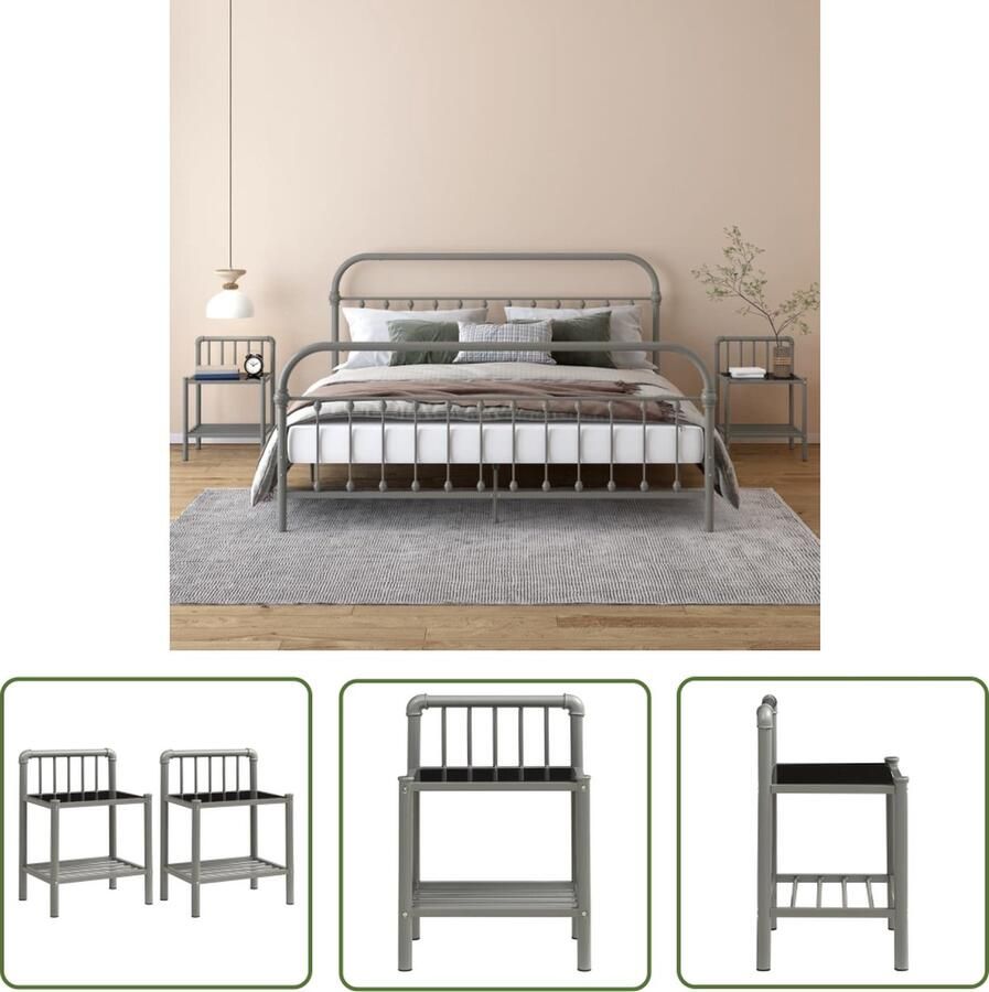 The Living Store Nachtkastje Set Grijs Zwart Glas Metaal 45x34.5x62.5 cm 2 Stuks Nachtkastje Nachtkastjes Salontafel Bijzettafels Sidetable - Foto 2