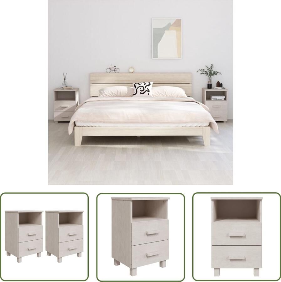 The Living Store Nachtkastjes HAMAR 2 st 40x35x62 cm massief grenenhout wit Nachtkastje Nachtkastjes Sidetable Salontafel Meubel - Foto 2