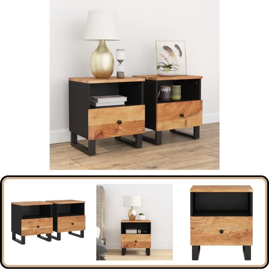 VidaXL Nachtkastjes Set van 2 Acaciahout 40x31x46 cm Nachtkastjes Industrieel Design Acacia Hout Kast Meubels Slaapkamer Meubilair Bergruimte Houten Kasten