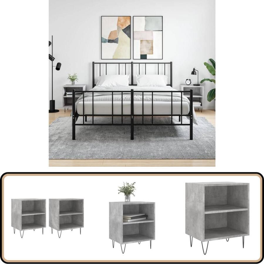 VidaXL Nachtkastjes Set van 2 Betongrijs 40x30x50 cm Nachtkastje Kastje Slaapkamermeubel Betonlook Houten Meubel Grijze Kamerdecoratie Compact Nachtlampje
