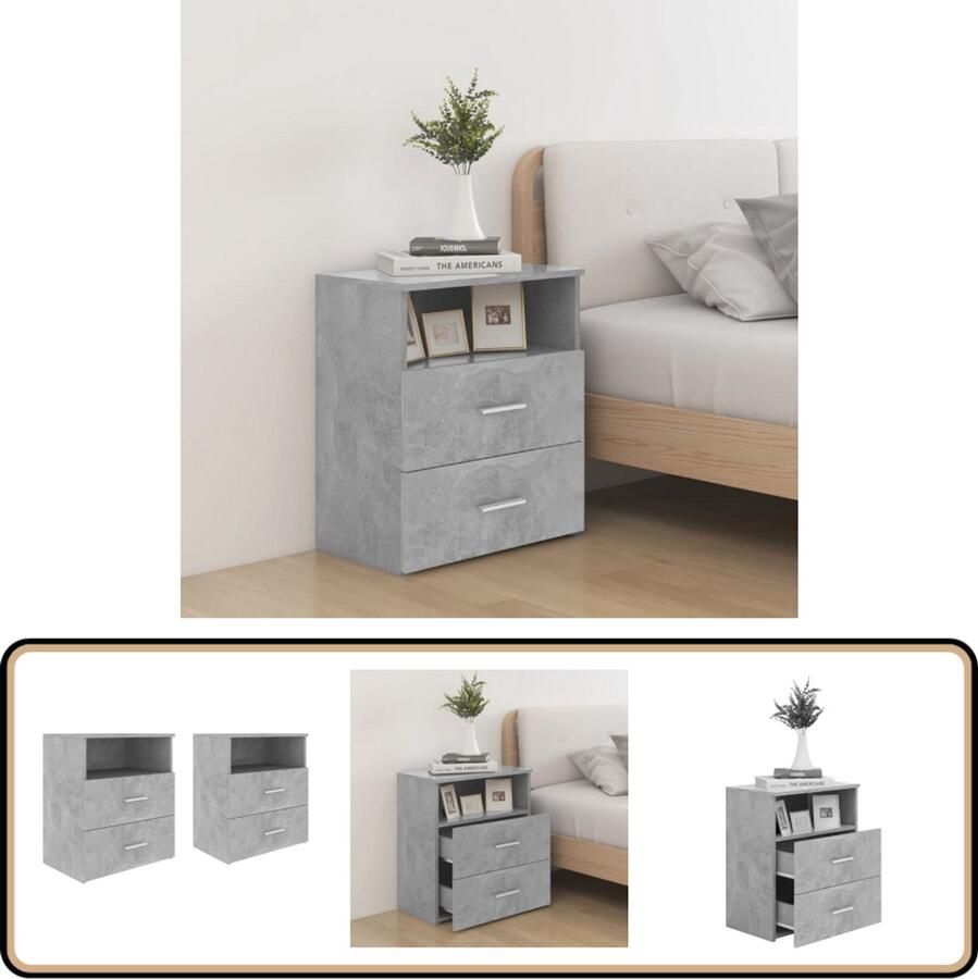 VidaXL Nachtkastjes Set van 2 Betongrijs 50x32x60 cm Nachtkastje Slaapkamermeubilair Bedkantje Houten Meubel Grijze Kamerdecoratie Opbergvak Lade Designkamer