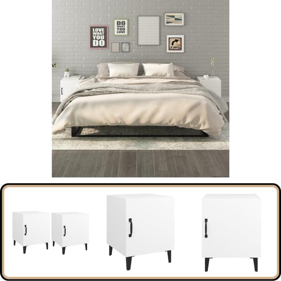 VidaXL Nachtkastjes Set van 2 Bewerkt Hout Wit Nachtkastje Kast Slaapkamermeubilair Houten Meubel Witte Meubel Bewerkt Hout Metalen Nachtlamp