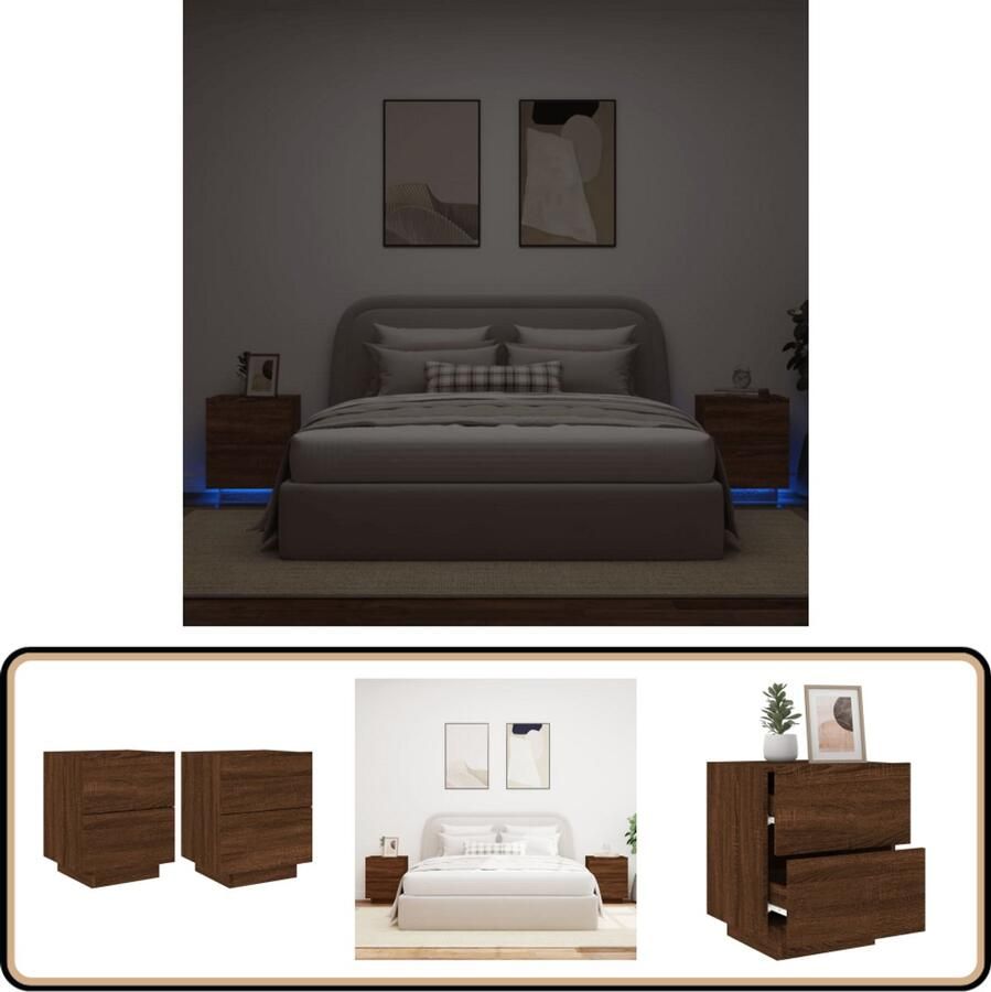VidaXL Nachtkastjes Set van 2 Bruin Eiken LED Nachtkaste Led Lampen Bijzettafel Slaapkamermeubilair Houten Meubel