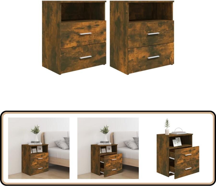 VidaXL Nachtkastjes Set van 2 Gerookt Eiken 50x32x60 cm Nachtkastje Slaapkamermeubilair Houten Meubelen Bruine Meubelen Bergruimte