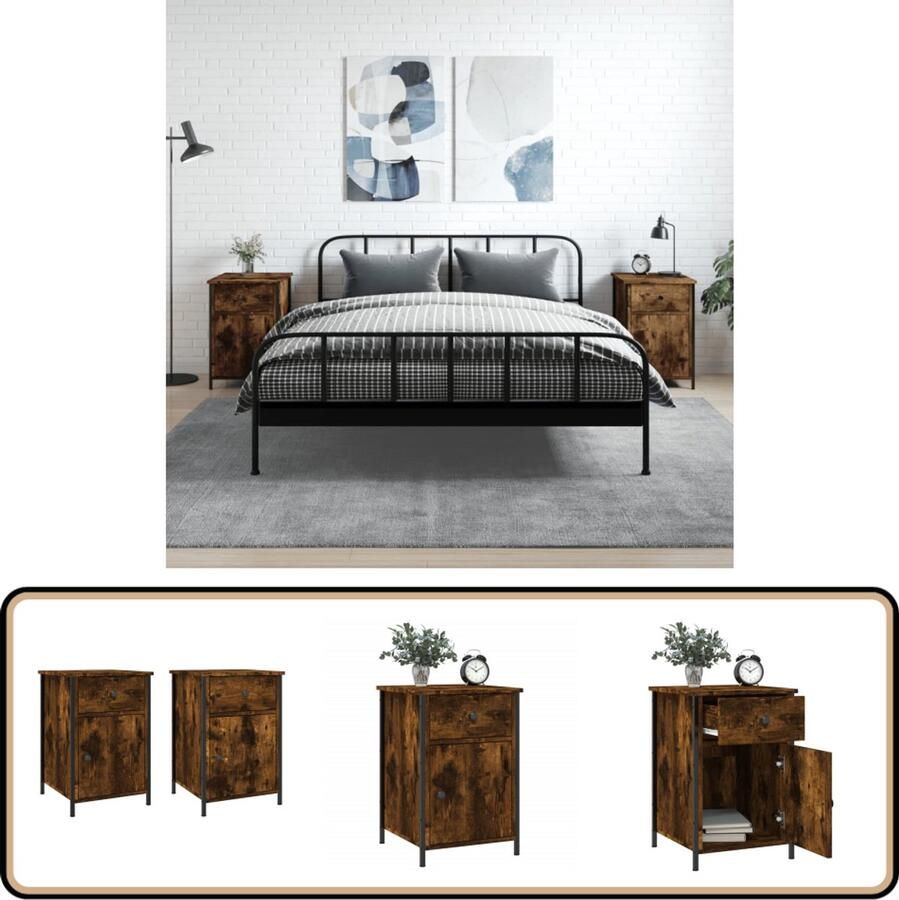 VidaXL Nachtkastjes Set van 2 Gerookt Eiken Nachtkastje Bedkasts Slaapkamermeubilair Houten Meubel Bruine Meubels