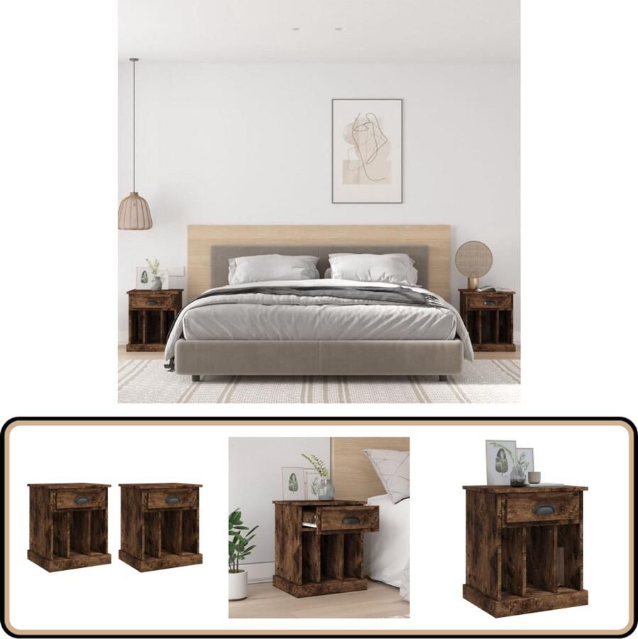 VidaXL Nachtkastjes Set van 2 Gerookt Eiken Nachtkastje Kast Houten Kast Slaapkamermeubilair Bruine Kast