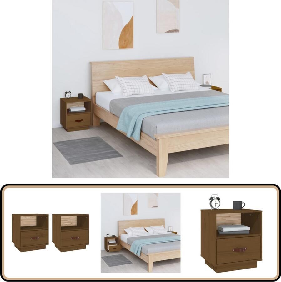 VidaXL Nachtkastjes Set van 2 Grenenhout Honingbruin Nachtkastjes Meubilair Slaapkamermeubelen Grenoble Hout Bruine Meubels Vintage Stijl Landelijke Stijl