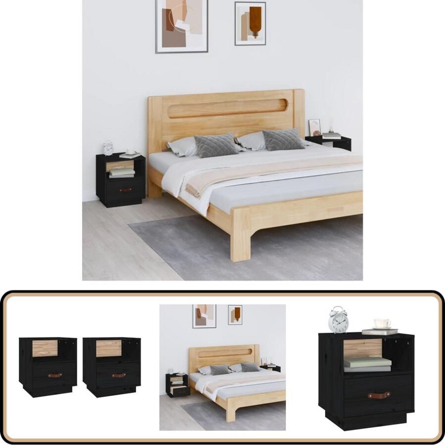 VidaXL Nachtkastjes Set van 2 Grenenhout Zwart Nachtkastjes Grenenhout Zwarte Nachtkastjes Slaapkamer Meubilair Opbergmeubels