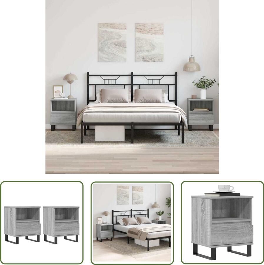 VidaXL Nachtkastjes Set van 2 Grijs Sonoma Eiken Nachtkastje Kastje Slaapkamermeubilair Houten Meubel Grijze Meubels Modern Design Vintage Design Opbergvak