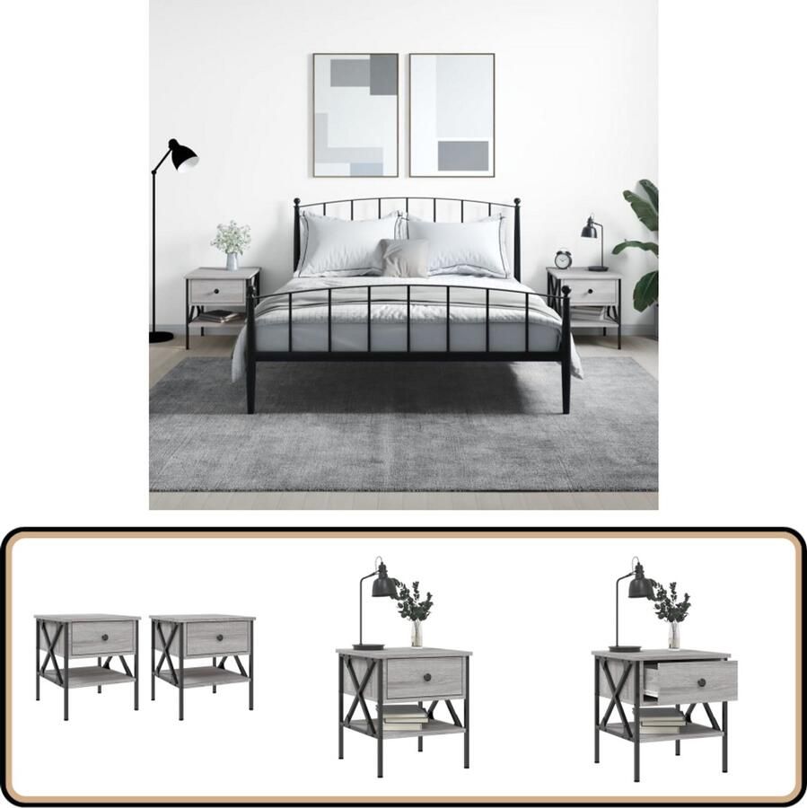 VidaXL Nachtkastjes Set van 2 Grijs Sonoma Eiken Nachtkastjes Industrieel Design Grijze Meubels Houten Meubelen Slaapkamermeubilair