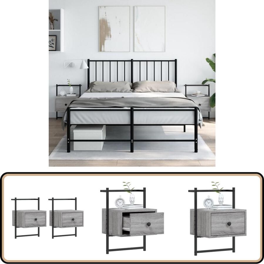 VidaXL Nachtkastjes Set van 2 Grijs Sonoma Eiken Wandlamp Nachtlamp Bergruimte Kastje Slaapkamervloer