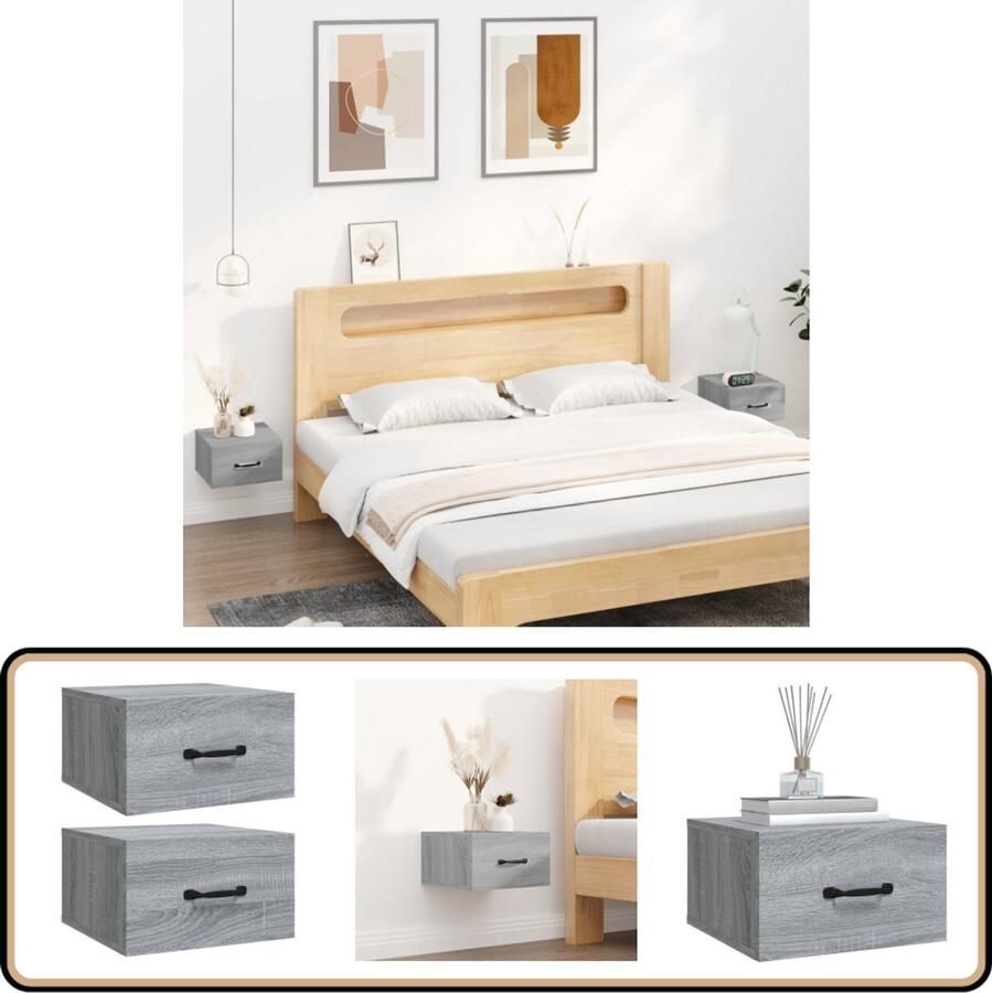 VidaXL Nachtkastjes Set van 2 Grijs Sonoma Eiken Zwevende Nachtkastjes Wandmontage Nachtkastjes Set Grijze Meubels Houten Nachtkastjes Slaapkamerdecoratie Bergruimte