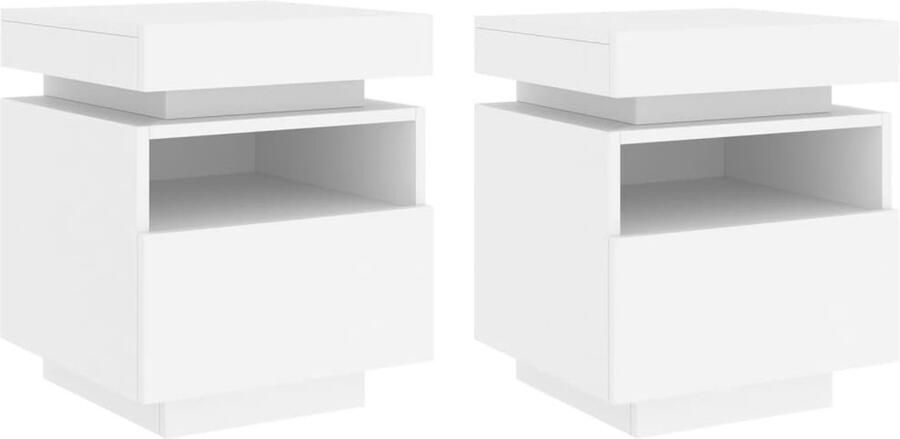 VidaXL Nachtkastjes Set van 2 LED-verlichting Wit Nachtkasts Led Lampen Bijzettafels Meubels Slaapkamer Houten Kast Witte Meubelen Opbergkasten