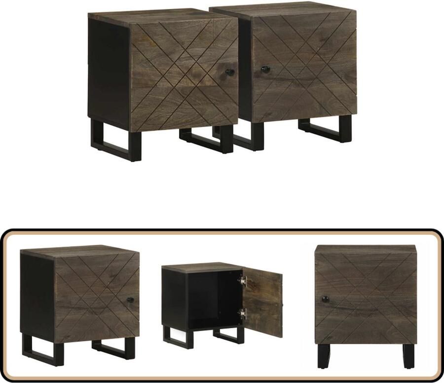 VidaXL Nachtkastjes Set van 2 Mangohout Zwart Nachtkastjes Slaapkamermeubel Mango Hout Zwarte Meubels Industriële Woonstijl