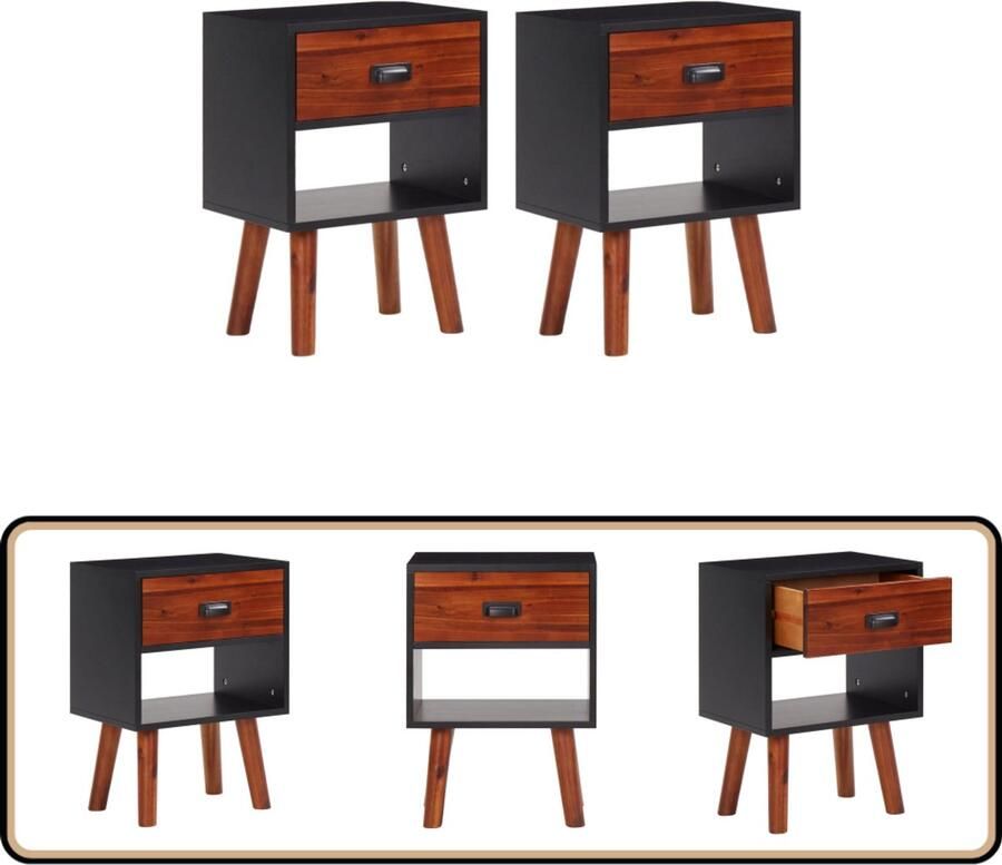 VidaXL Nachtkastjes Set van 2 Massief Acaciahout Nachtkastjes Slaapkamer Meubilair Acacia Hout Zwarte Kast Bruine Kast