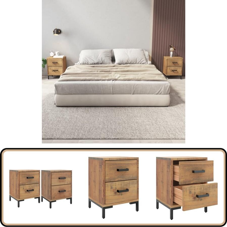 VidaXL Nachtkastjes Set van 2 Massief Grenenhout Nachtkastje Vintage Kast Houten Nachtkastje Massief Grenenhout Meubilair Slaapkamer Sidetable Bruine Kast Retro Design Opbergruimte Twee Laden Stapelbare Kasten