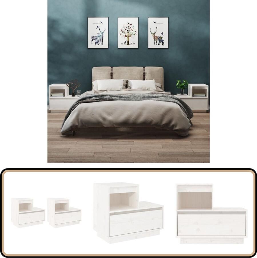 VidaXL Nachtkastjes Set van 2 Massief Grenenhout Wit Nachtkastje Slaapkamermeubilair Houten Nachtkastje Massief Hout Witte Nachtkastje Opbergkastje Tv Stand Sidetable