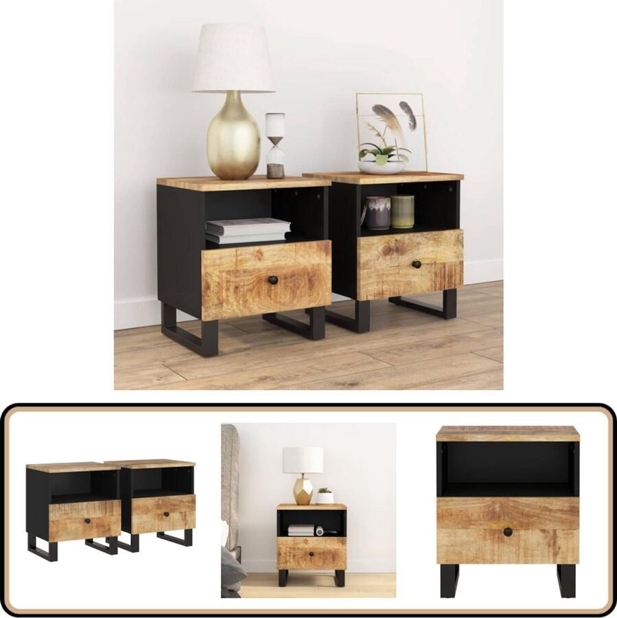 VidaXL Nachtkastjes Set van 2 Massief Mangohout Nachtkastjes Industrieel Design Mangohout Bedroom Furniture Bijzettafel Opbergruimte Vintage Style Houten Meubels Living Room Accessories Modern Interior Bedside Table