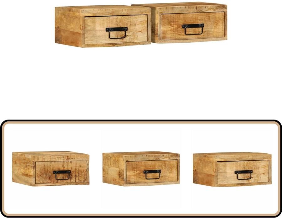 VidaXL Nachtkastjes Set van 2 Massief Mangohout Wandnachtkastje Wandnachtkastjes Wandgemonteerd Nachtkastje Wandgemonteerd Bedkastje - Foto 2