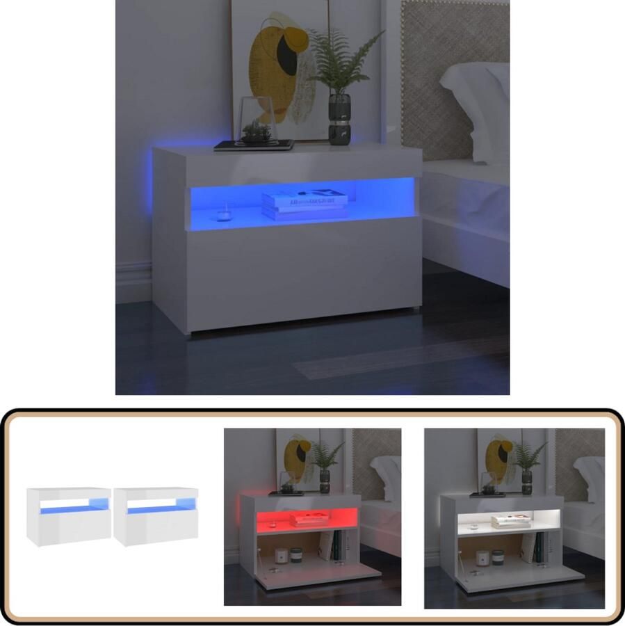 VidaXL Nachtkastjes Set van 2 Met RGB LED Wit Nachtkasts Led Lampen Slaapkamers Slaapkamervloer Houten Kasten Witte Meubels Modern Design