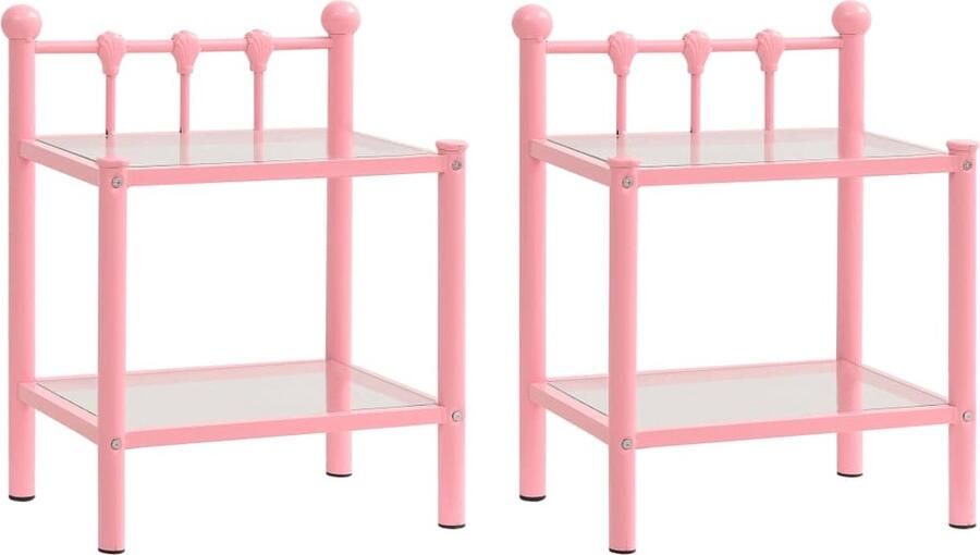 VidaXL Nachtkastjes Set van 2 Metaal en Glas Roze Nachtkastje Nachttafel Sidetable Rozerood Meubilair Slaapkamer Vintage Style Modern Design Stapelbare Tafeltjes Decoratief Item - Foto 2
